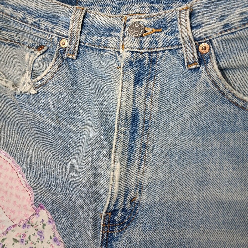 Jean Shorts Size 32 Patchwork Cottagecore Bonnet Girl Upcycl Distressed Floral - Picture 13 of 16